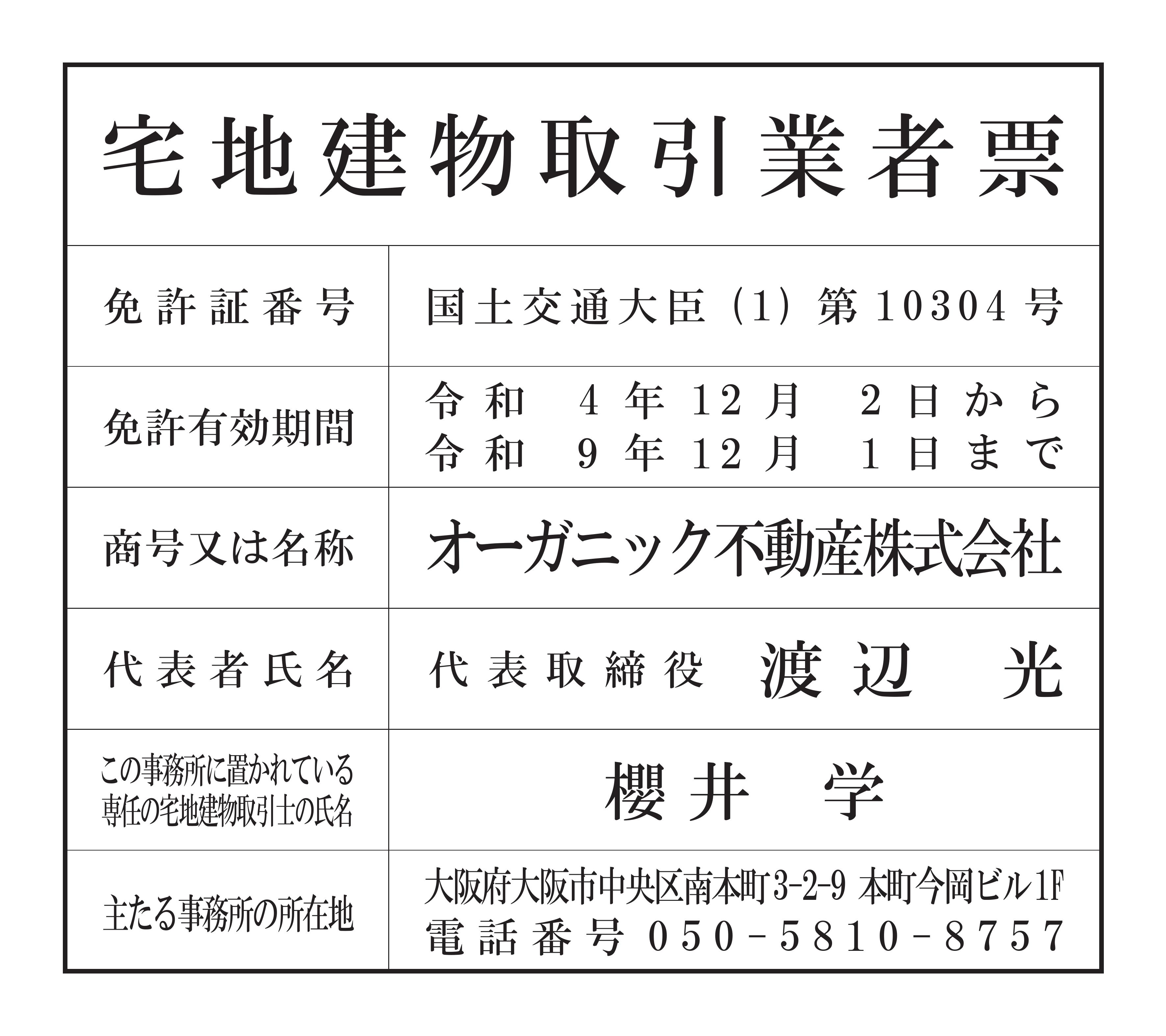宅地建物取引業者票。免許証番号:国土交通大臣(1)第10304号、免許有効期間:令和4年12月2日から令和9年12月1日まで、商号:オーガニック不動産株式会社、代表者氏名:代表取締役 渡辺光、専任の宅地建物取引士の氏名:櫻井学、主たる事務所の所在地:大阪府大阪市中央区南本町3-2-9 本町今岡ビル1F、電話番号:050-5810-8757。
